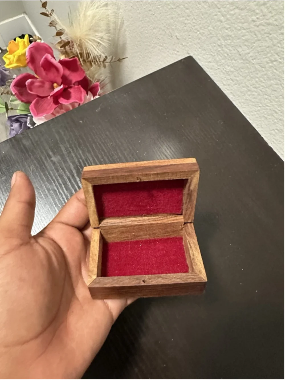 Small Wooden & Metal Trinket Box, Hinged Lid, Bird Pattern, Black/Gold/Red